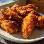 A plate piled high with golden brown, crispy baked chicken wings, perfectly seasoned and catching the sunlight.