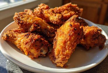 A plate piled high with golden brown, crispy baked chicken wings, perfectly seasoned and catching the sunlight.