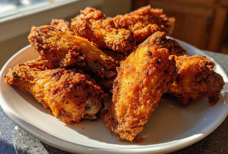 A plate piled high with golden brown, crispy baked chicken wings, perfectly seasoned and catching the sunlight.