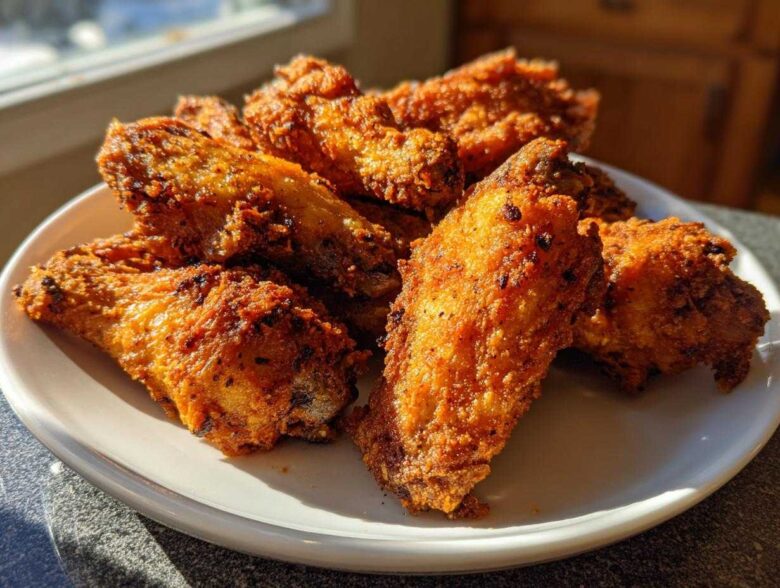 A plate piled high with golden brown, crispy baked chicken wings, perfectly seasoned and catching the sunlight.
