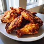 A pile of golden brown, very crispy baked chicken wings stacked on a white plate.