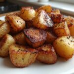 A close-up of golden brown, crispy breakfast potatoes seasoned with pepper, piled high on a white plate.