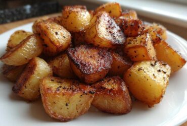 A close-up of golden brown, crispy breakfast potatoes seasoned with pepper, piled high on a white plate.