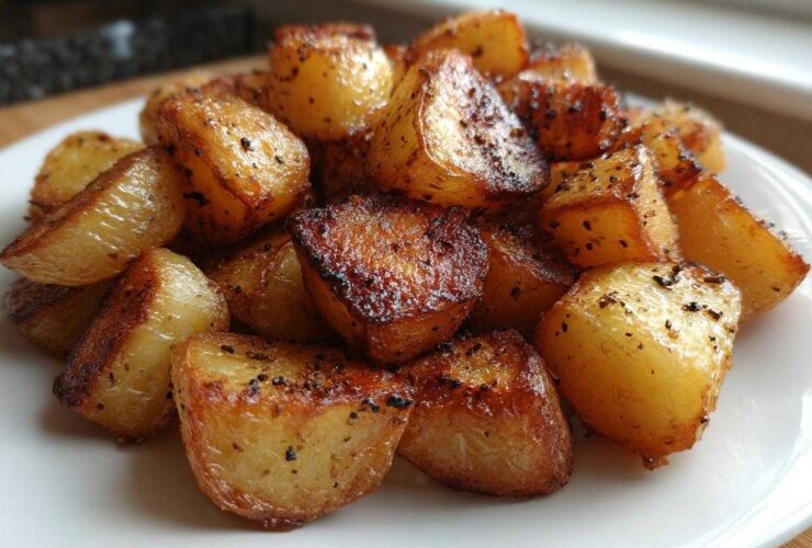 A close-up of golden brown, crispy breakfast potatoes seasoned with pepper, piled high on a white plate.