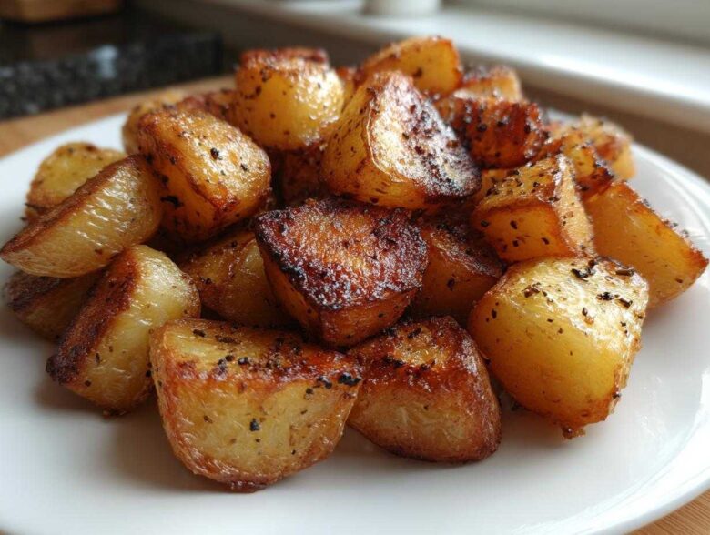 A close-up of golden brown, crispy breakfast potatoes seasoned with pepper, piled high on a white plate.
