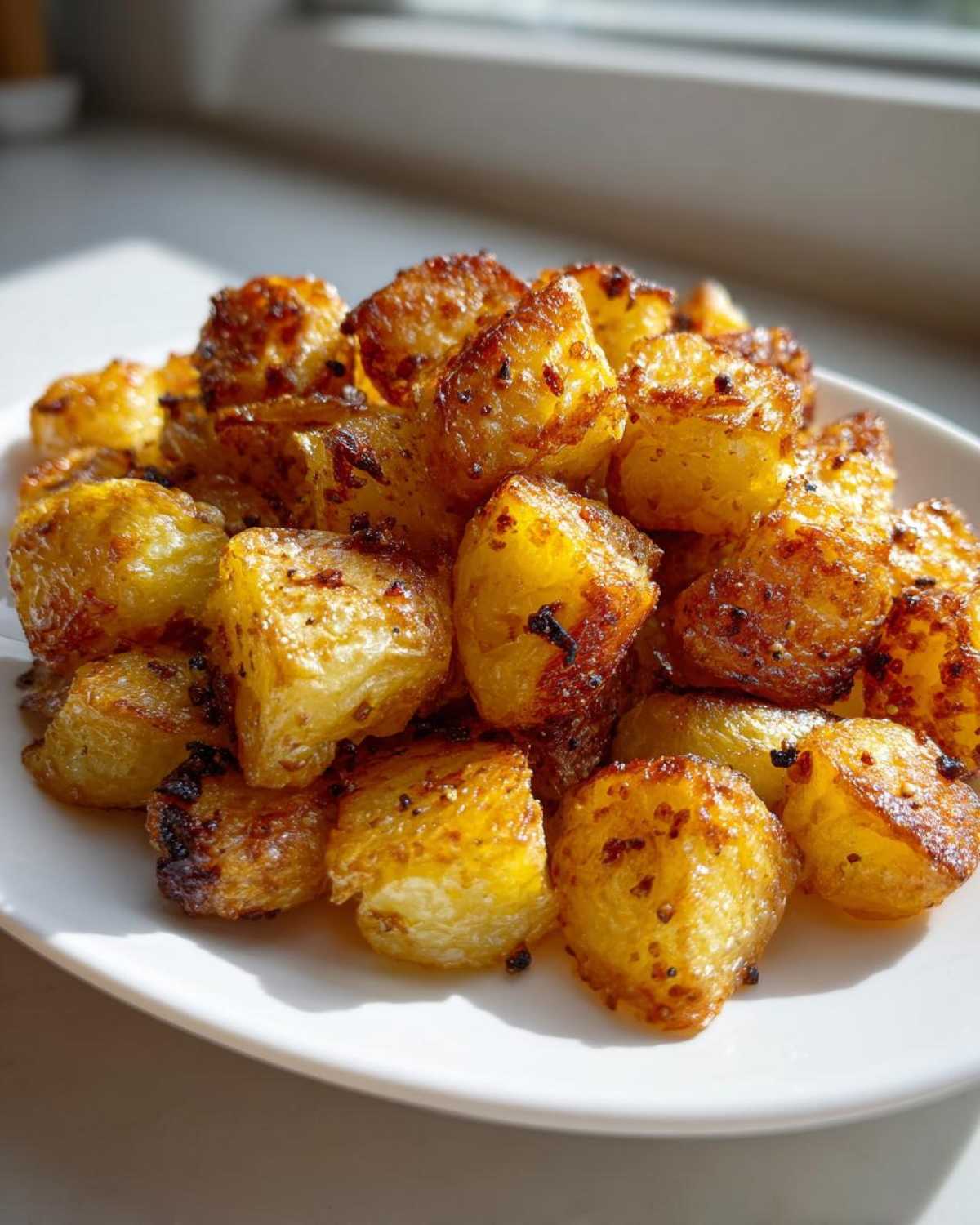 A close-up of perfectly golden and crispy breakfast potatoes piled high on a white plate.
