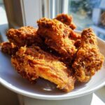 A pile of golden brown, extra crispy fried chicken wings resting in a white bowl, highlighted by natural sunlight.