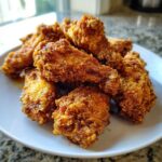 Close-up of perfectly crispy, golden-brown fried chicken wings piled high on a white plate.