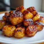 Close-up of perfectly crispy, golden-brown breakfast potatoes piled high on a white plate, featuring a dark glaze.