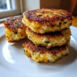 A stack of four golden-brown, pan-fried mashed potato cakes speckled with green herbs on a white plate.