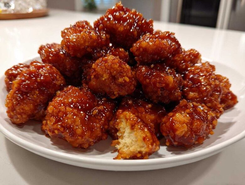 A mound of crispy, glazed orange chicken recipe pieces piled high on a white plate, showing a bite taken out.