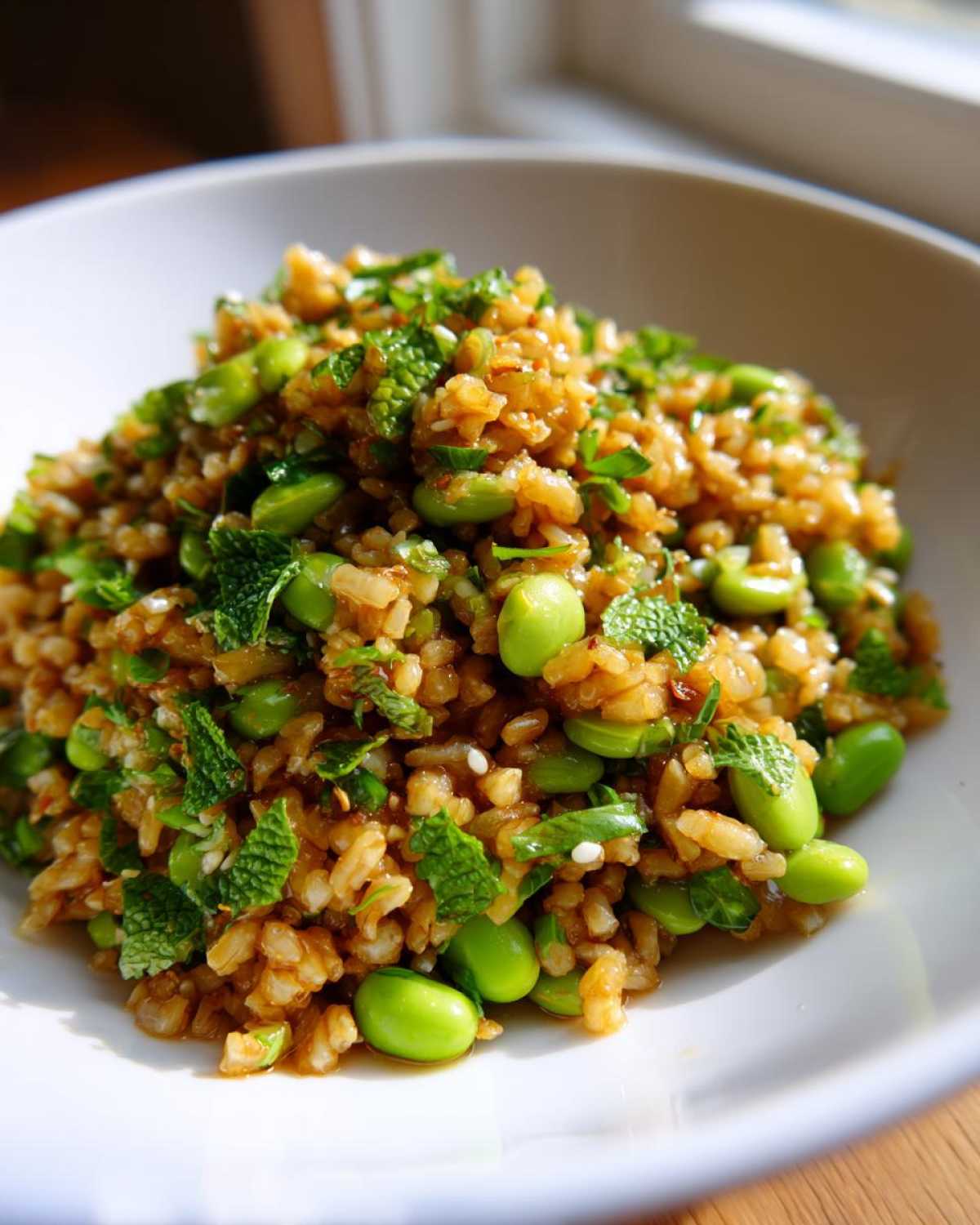 A close-up view of a bowl filled with crispy rice salad mixed with bright green edamame and fresh mint leaves.