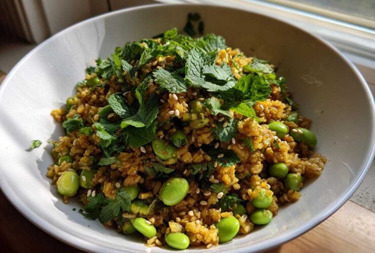 A white bowl filled with golden brown crispy rice salad mixed with bright green edamame and topped generously with fresh mint and cilantro.
