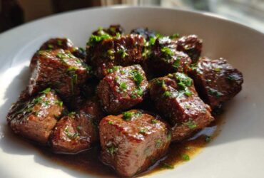 Close-up of tender crockpot steak bites coated in sauce and sprinkled with fresh green herbs.