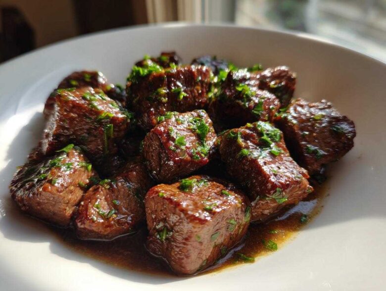 Close-up of tender crockpot steak bites coated in sauce and sprinkled with fresh green herbs.