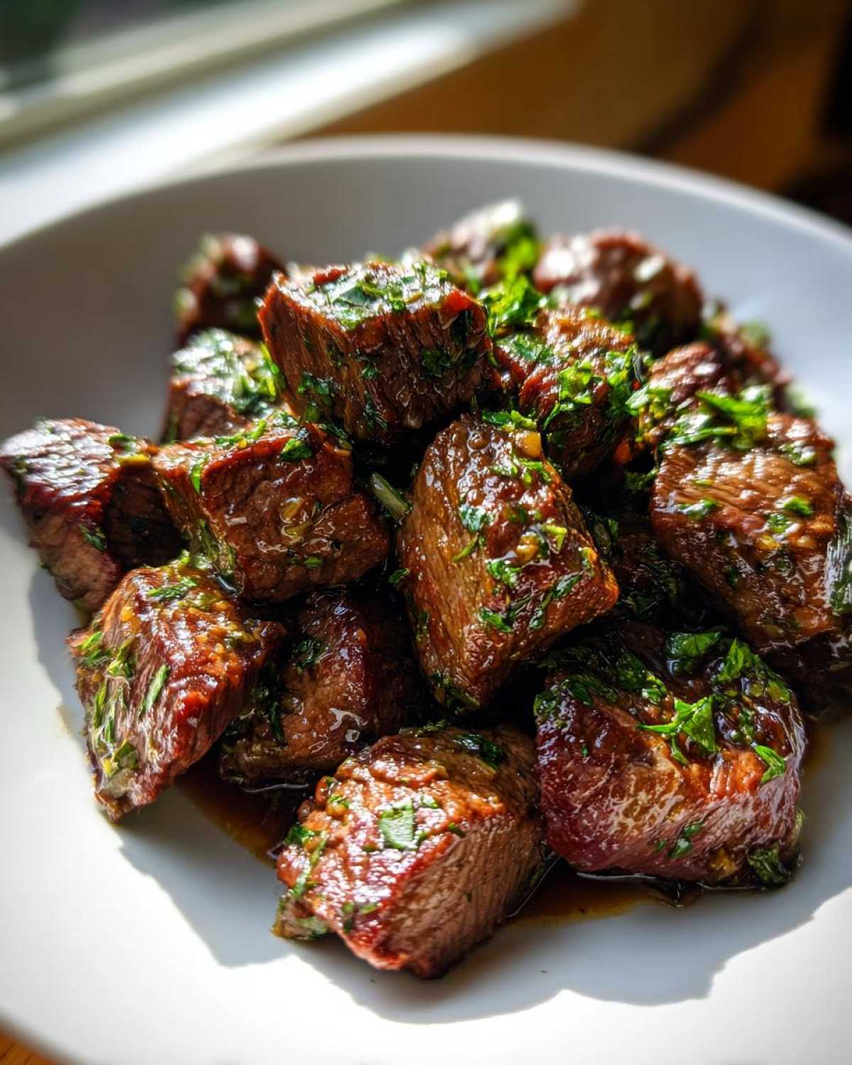 Close-up of tender, glazed crockpot steak bites seasoned heavily with fresh green herbs.