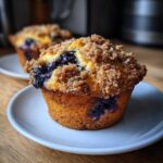A close-up of a golden brown blueberry muffin topped with a thick layer of brown sugar streusel topping.