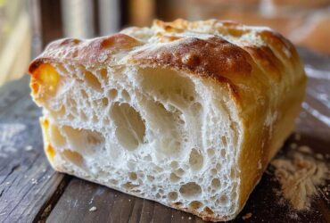 Close-up of the open crumb structure of a freshly baked Italian bread loaf, showing large air pockets.