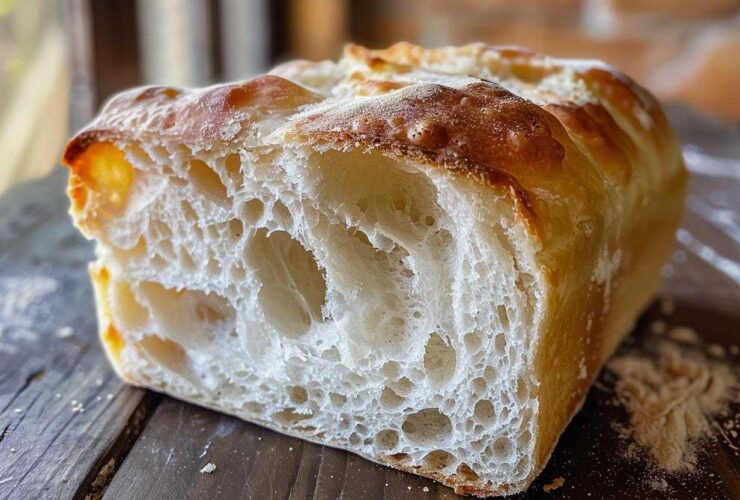 Close-up of the open crumb structure of a freshly baked Italian bread loaf, showing large air pockets.