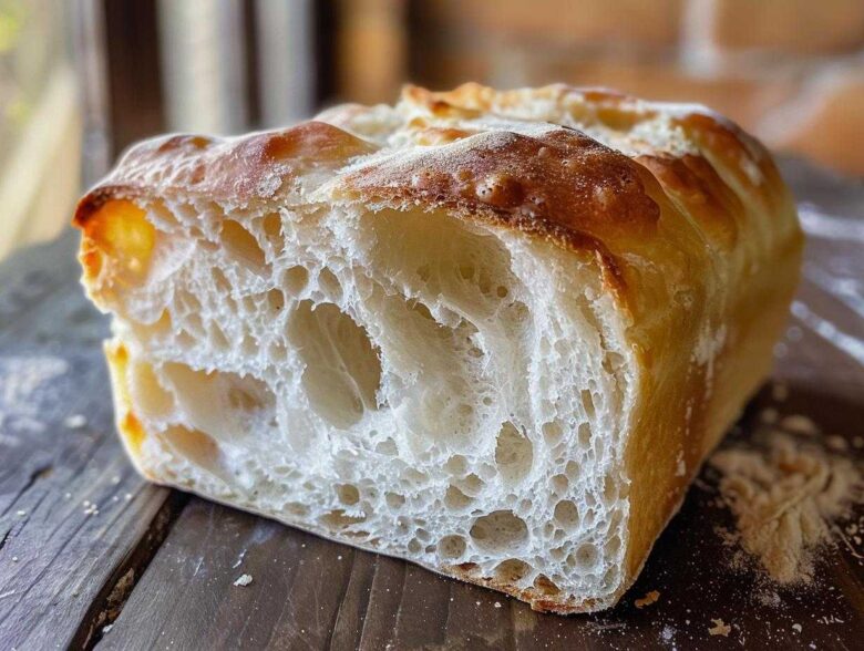 Close-up of the open crumb structure of a freshly baked Italian bread loaf, showing large air pockets.