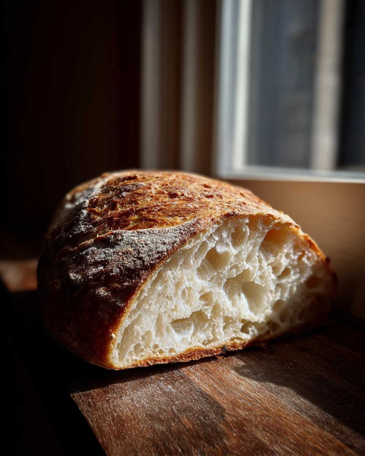 A loaf of crusty Italian bread sliced open, showing a beautiful open, airy crumb structure.