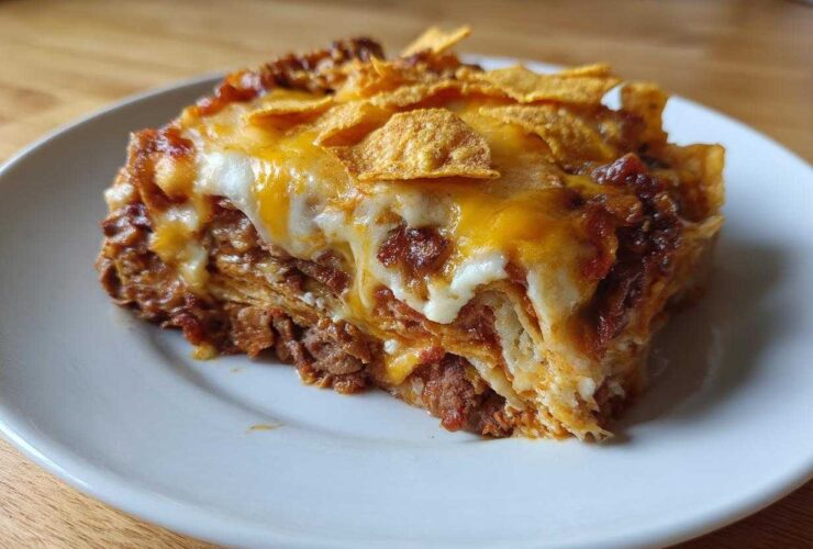 A close-up serving of Ultimate Dorito Casserole layered with meat, sauce, melted cheese, and topped with chips.