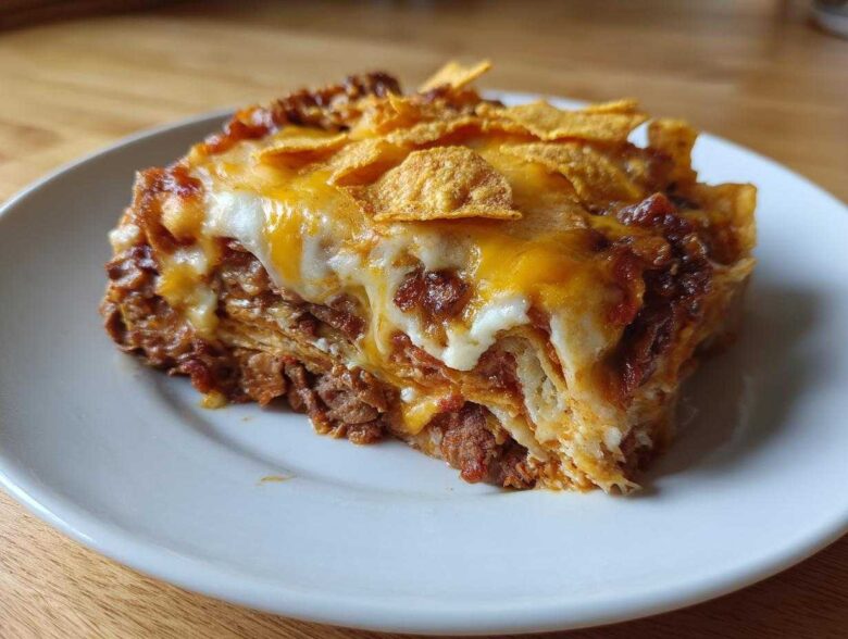 A close-up serving of Ultimate Dorito Casserole layered with meat, sauce, melted cheese, and topped with chips.