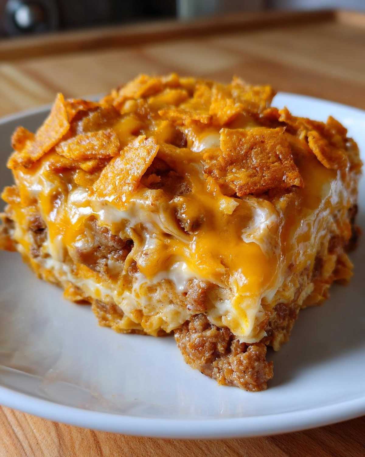 A square serving of cheesy Dorito Casserole featuring ground meat, melted cheese, and a crunchy Dorito topping.