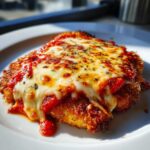 Close-up of a golden-brown, breaded cutlet topped with rich tomato sauce and melted mozzarella for Easy chicken Parmesan.