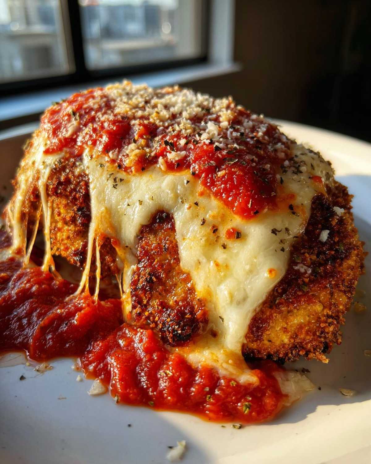 Close-up of a golden-brown Easy Chicken Parmesan topped with melted mozzarella and marinara sauce.