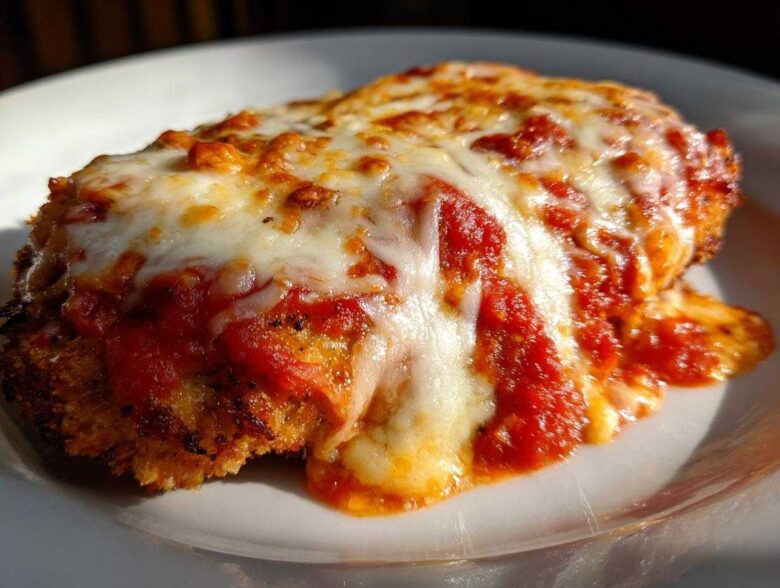 Close-up of a perfectly cooked Easy Chicken Parmesan cutlet topped with melted mozzarella and rich tomato sauce.