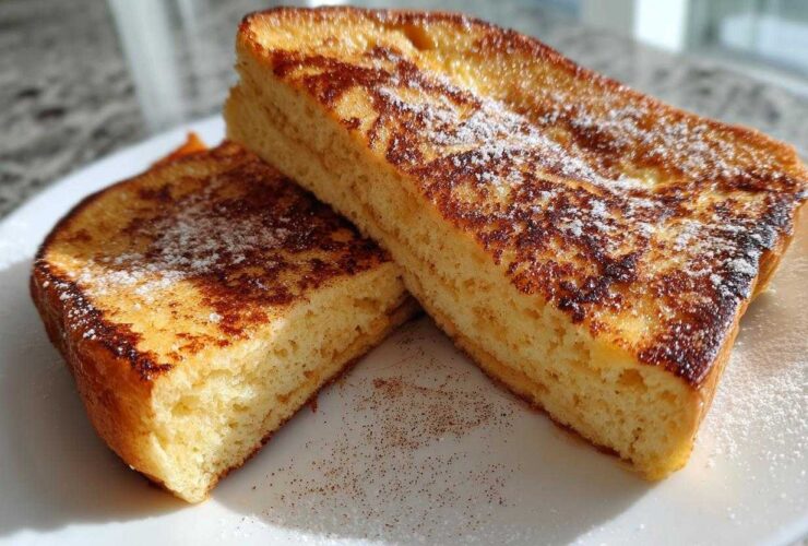 Two thick slices of golden brown easy french toast dusted with powdered sugar on a white plate.