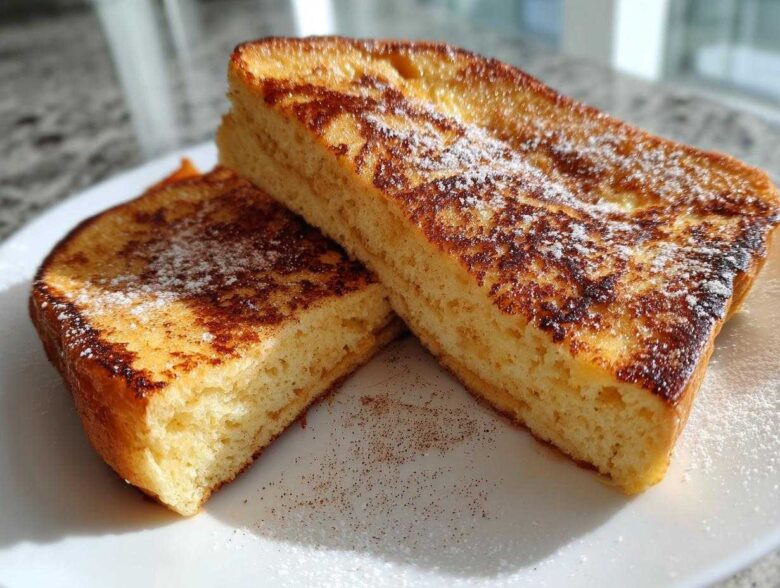 Two thick slices of golden brown easy french toast dusted with powdered sugar on a white plate.