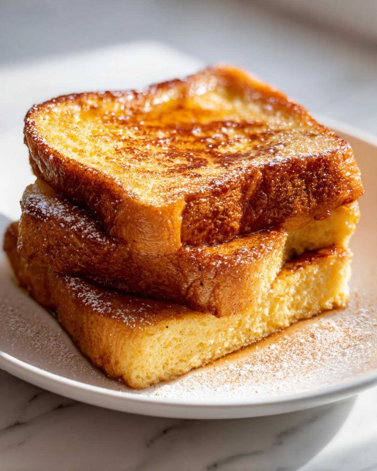A stack of three thick slices of golden brown easy french toast dusted with powdered sugar on a white plate.