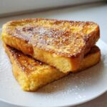 Two slices of golden brown easy french toast stacked on a white plate, dusted with powdered sugar and drizzled with syrup.