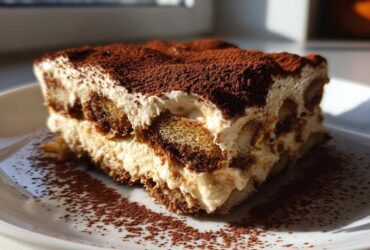 A perfect slice of classic tiramisu recipe showing layers of cream and coffee-soaked ladyfingers, heavily dusted with cocoa powder.