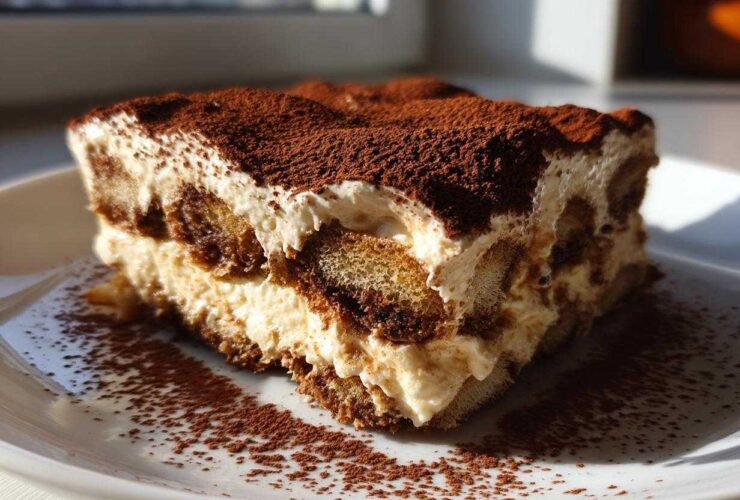 A perfect slice of classic tiramisu recipe showing layers of cream and coffee-soaked ladyfingers, heavily dusted with cocoa powder.