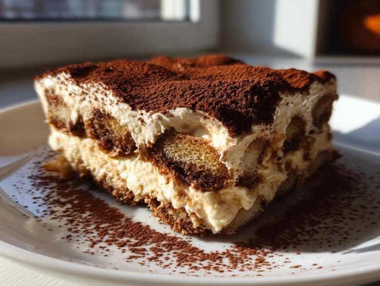 A perfect slice of classic tiramisu recipe showing layers of cream and coffee-soaked ladyfingers, heavily dusted with cocoa powder.