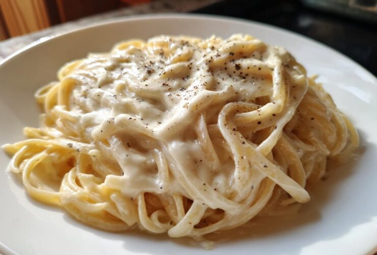Close-up of fettuccine pasta coated in rich homemade alfredo sauce and topped with black pepper.