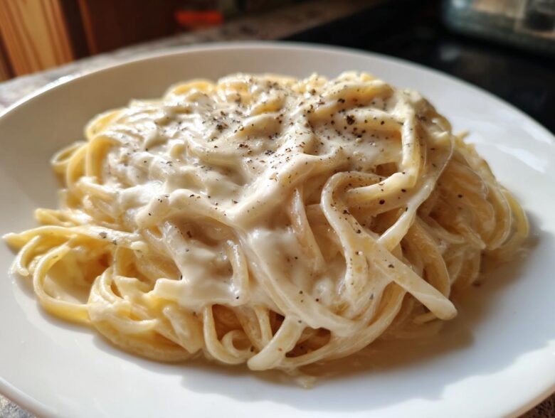 Close-up of fettuccine pasta coated in rich homemade alfredo sauce and topped with black pepper.