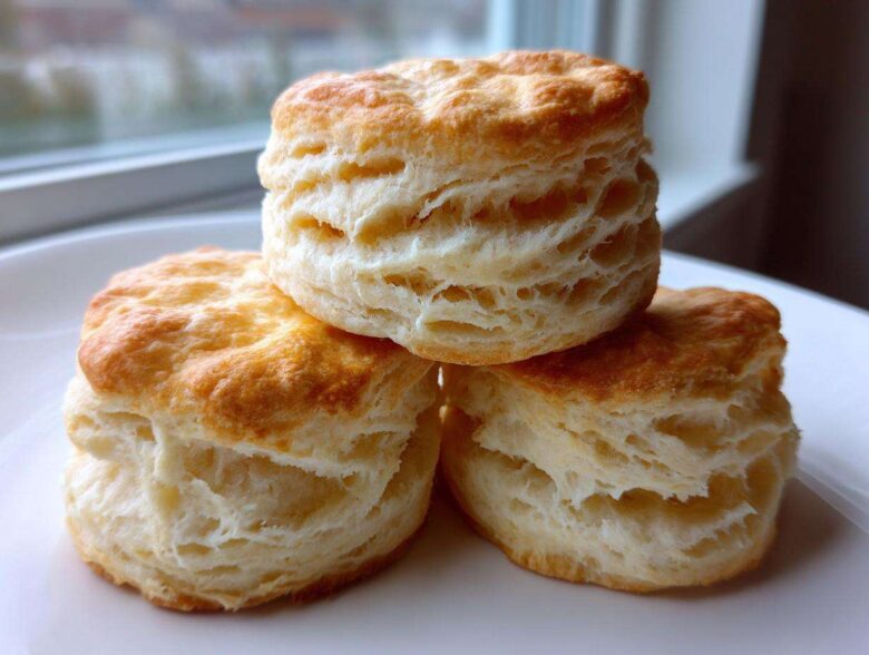 Three golden-brown, flaky buttermilk biscuits stacked on a white plate near a window.