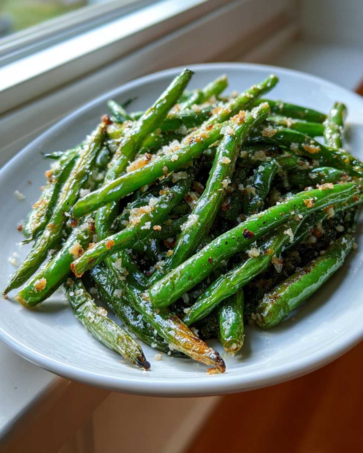 A white bowl filled with bright green beans tossed in Parmesan cheese and breadcrumbs.