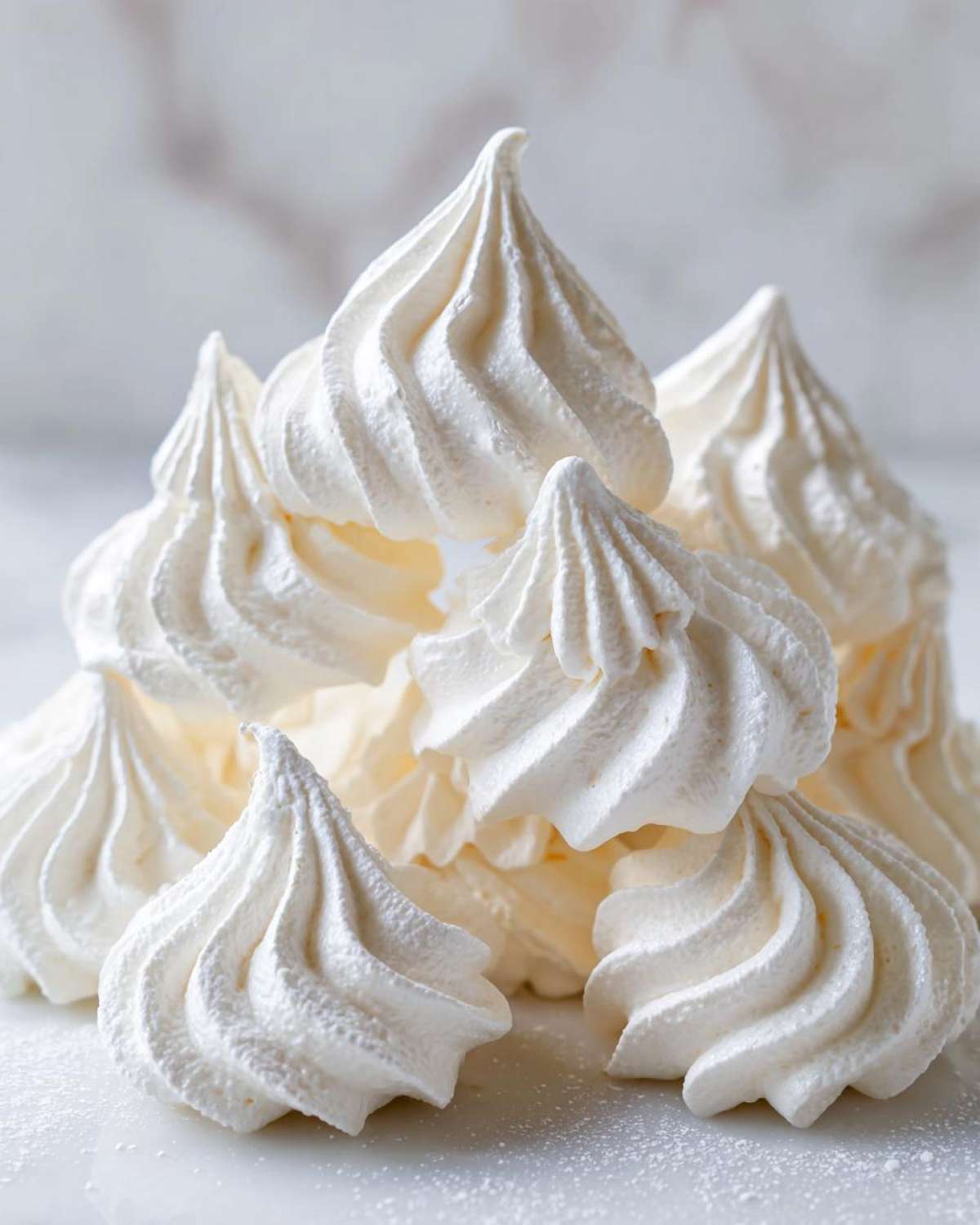 A close-up stack of perfectly piped, bright white meringue cookies with distinct ridges, lightly dusted with powdered sugar.