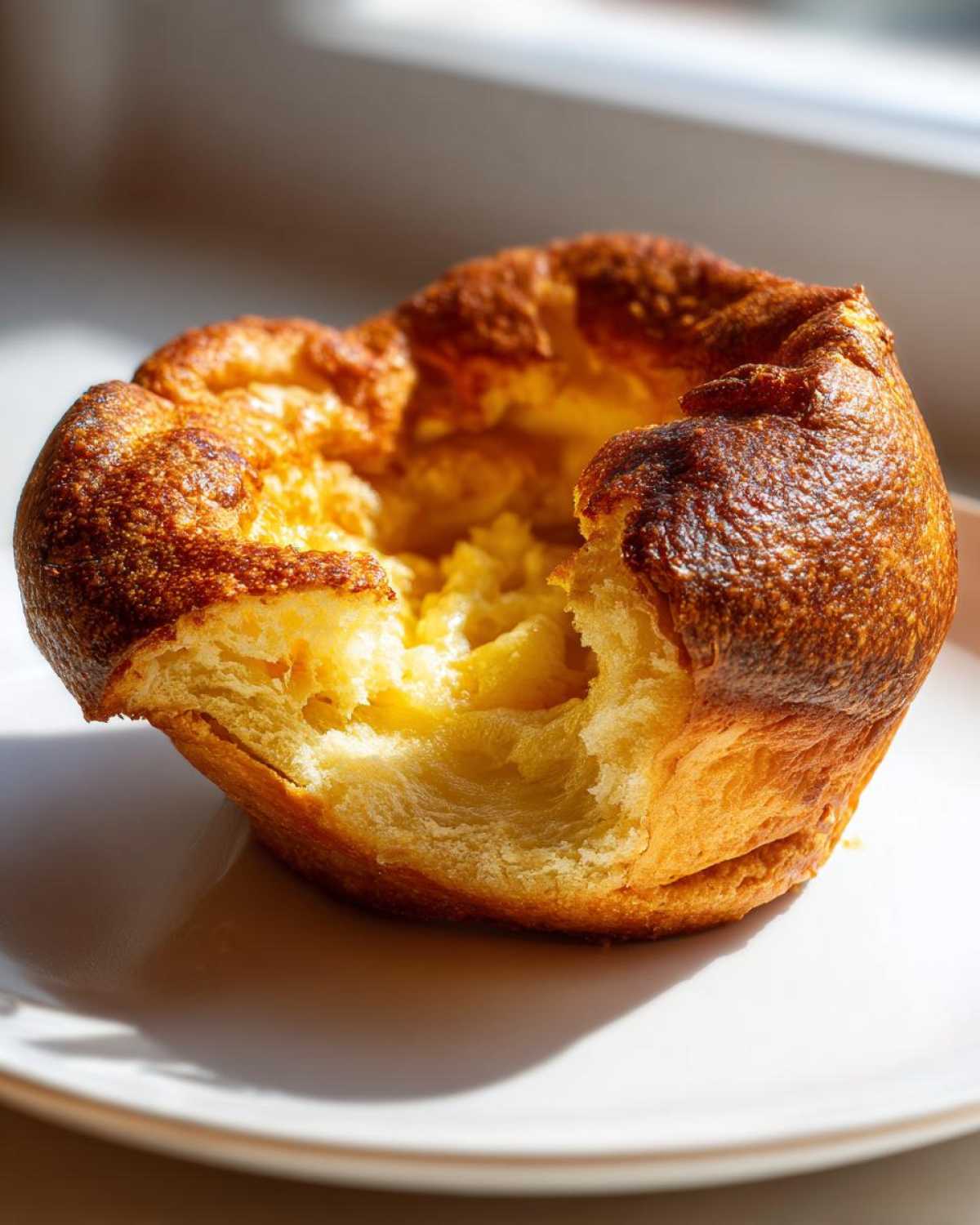 A close-up of a golden brown, risen yorkshire pudding with a bite taken out, showing the fluffy interior.