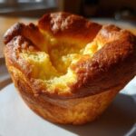 A single, golden brown, perfectly risen yorkshire pudding sitting on a white plate, showcasing its deep well.
