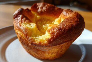 A single, golden brown, perfectly risen yorkshire pudding sitting on a white plate, showcasing its deep well.