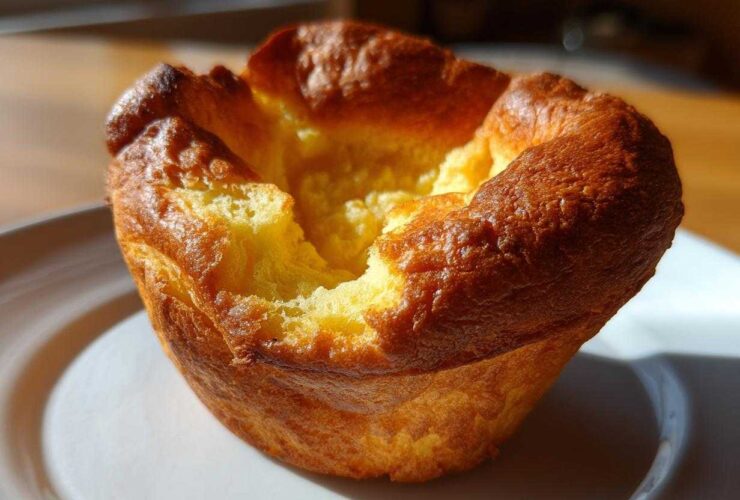 A single, golden brown, perfectly risen yorkshire pudding sitting on a white plate, showcasing its deep well.