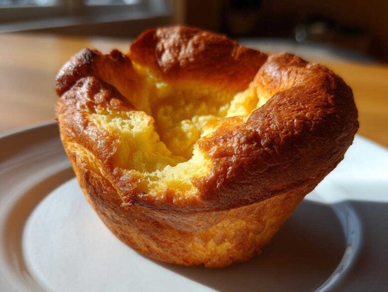 A single, golden brown, perfectly risen yorkshire pudding sitting on a white plate, showcasing its deep well.