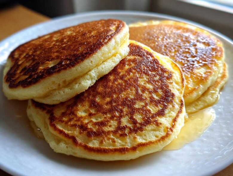 Close-up of three fluffy almond flour pancakes stacked on a white plate, drizzled with syrup.