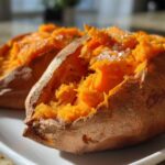 Close-up of a fluffy baked sweet potato split open and topped with coarse sea salt.